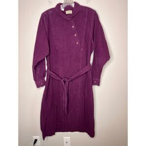 80s LL Bean Plum Purple Flannel Chamois Homestead Mandarin Collar Midi Dress XL